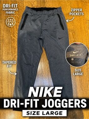 NIKE DRI-FIT Gray Jogger Pants Men’s  Tapered Athletic Sweatpants Zip pocket-L